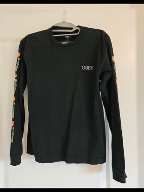 Obey Black Long Sleeve Tee with Red Floral Sleeve Art